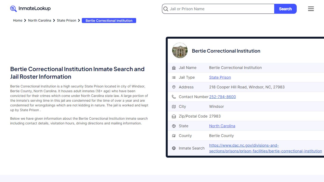 Bertie Correctional Institution Inmate Search, Jail Roster, Bookings ...