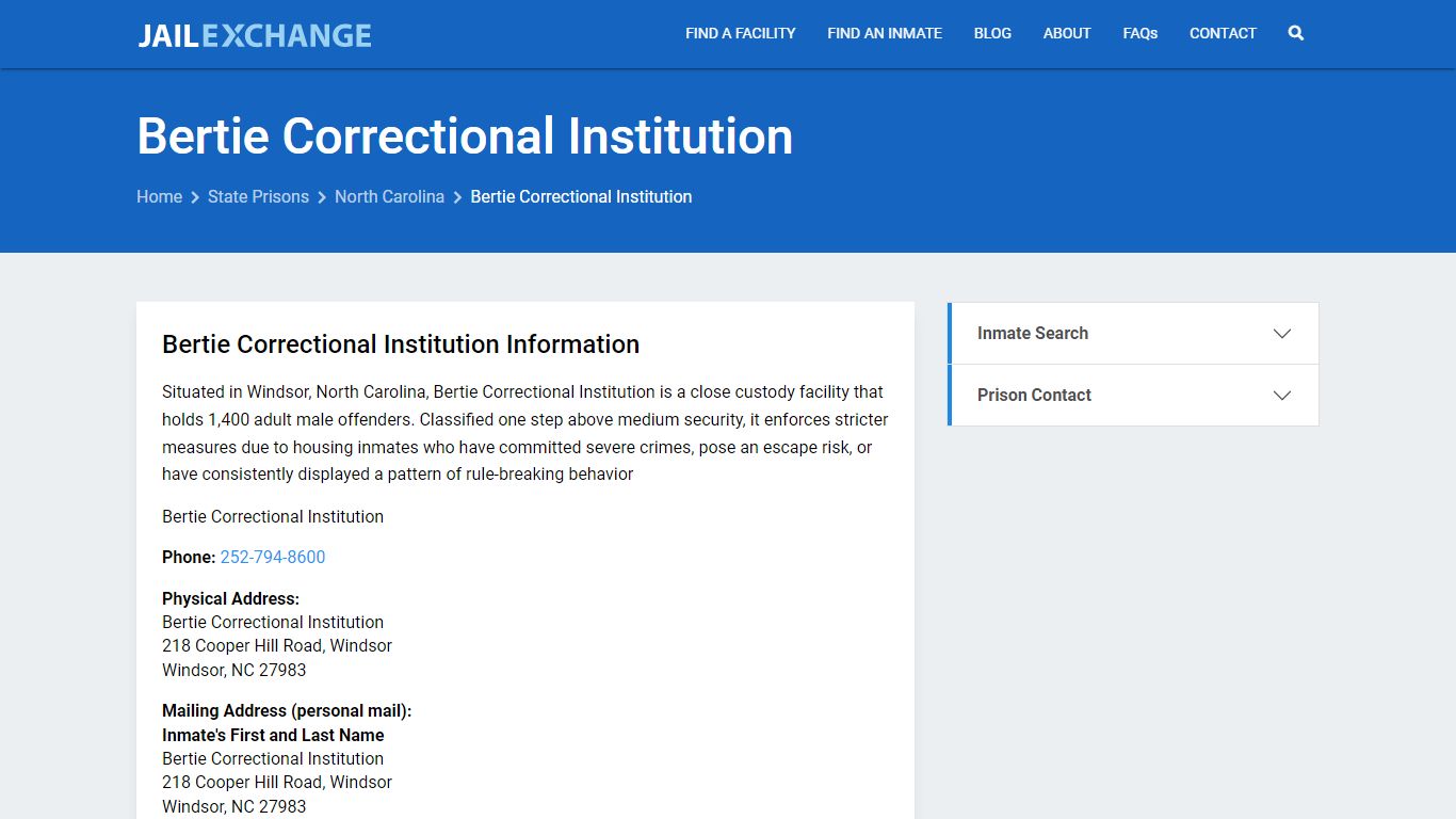 Bertie Correctional Institution Inmate Search, NC - Jail Exchange